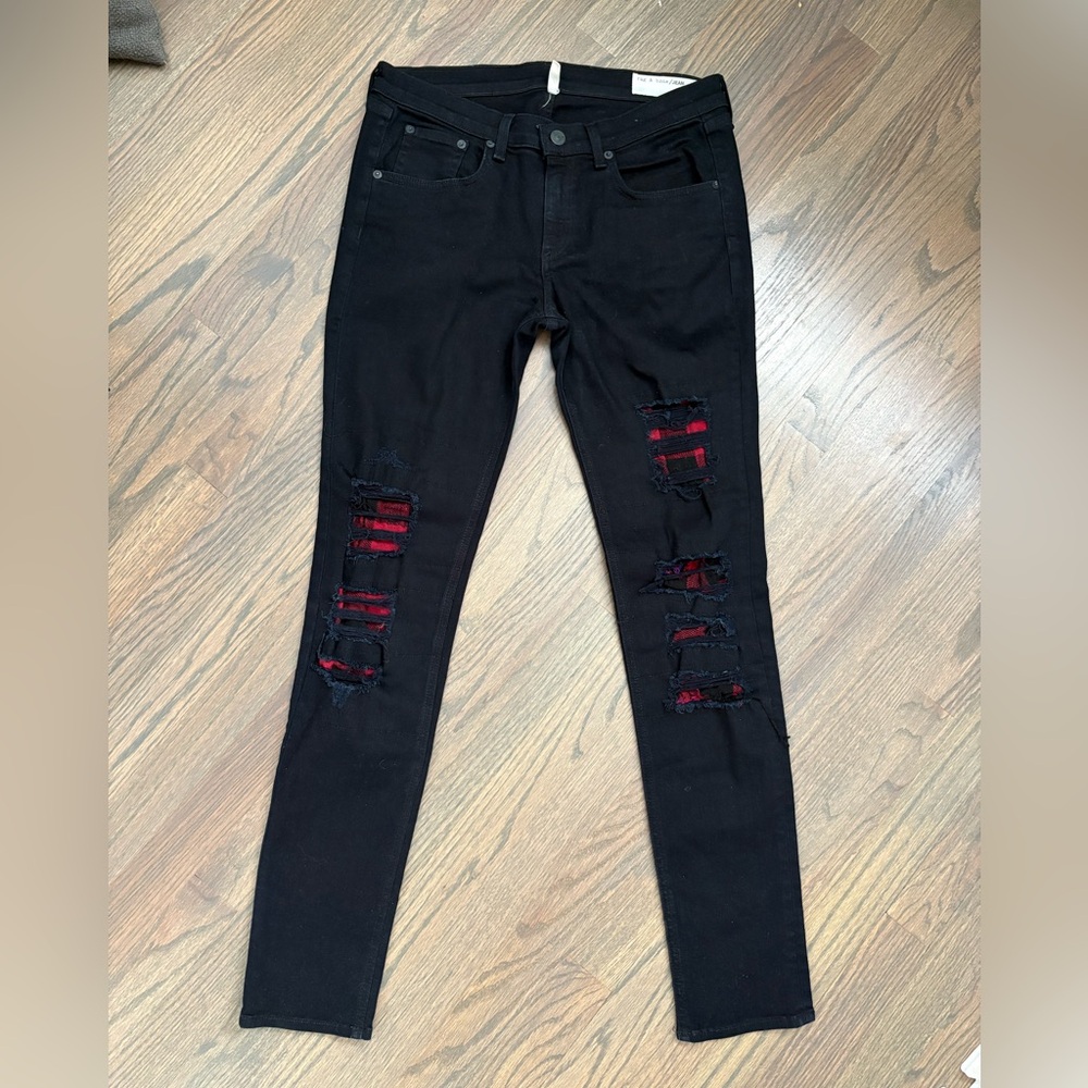 Rag & Bone Black Distressed Skinny Jeans with Red Flanel accents, size 29
